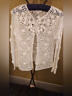Crochet Openwork White Women’s Sweater Cardigan Button